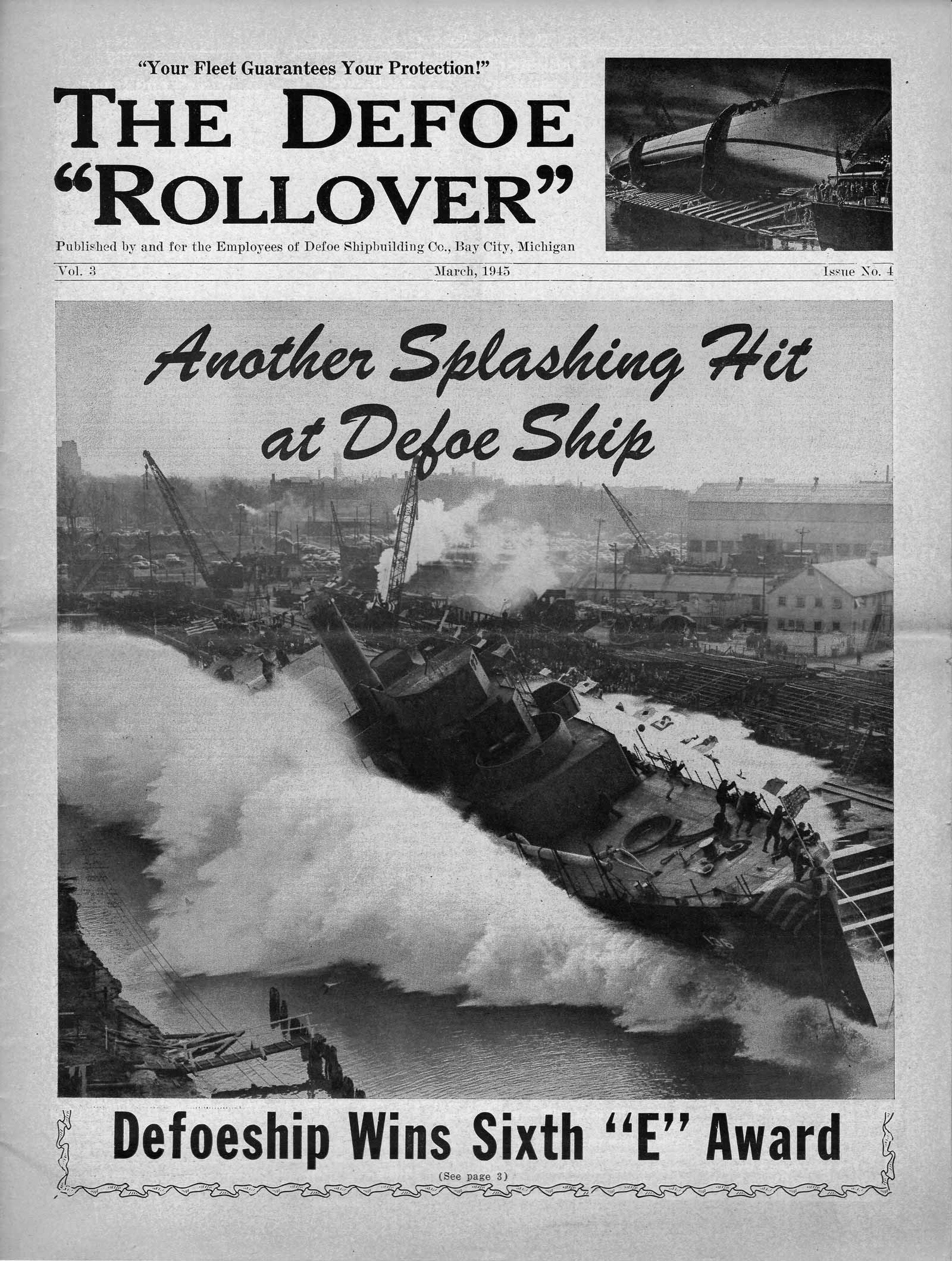 March 1945 cover of The Defoe Rollover — Vol. 3, Issue 4 — showing a ship side-launch at the Defoe Shipbuilding yard in Bay City, Michigan